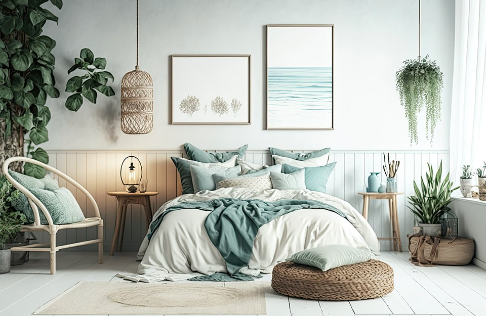 Camera da letto in stile coastal, con parete e pavimento bianchi, letto con lenzuola bianche e cuscini e coperte sui toni del verde acqua, molte piante, quadri con stampe che evocano il mare, lampadario in rattan e molto legno